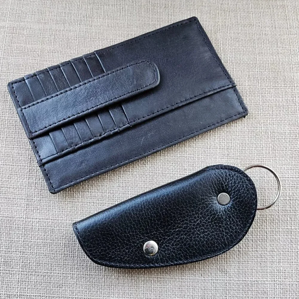 Long Wallet and Keychain Black Genuine Leather Card Holder Keys Holder Fob